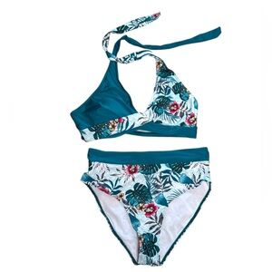 Ai’mage Tropical Print Bikini front‎ tie halter top medium